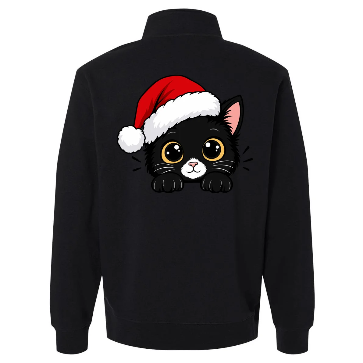Christmas Black Cat Personalized Pet Gift - Cute Santa Hat Cat Custom Design Men's Pullover Quarter Zip - Back - Close-up