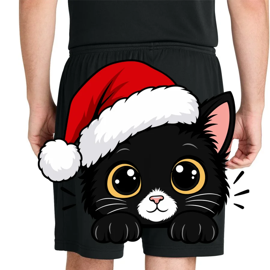 Christmas Black Cat Personalized Pet Gift - Cute Santa Hat Cat Custom Design Men's Shorts - Back 1