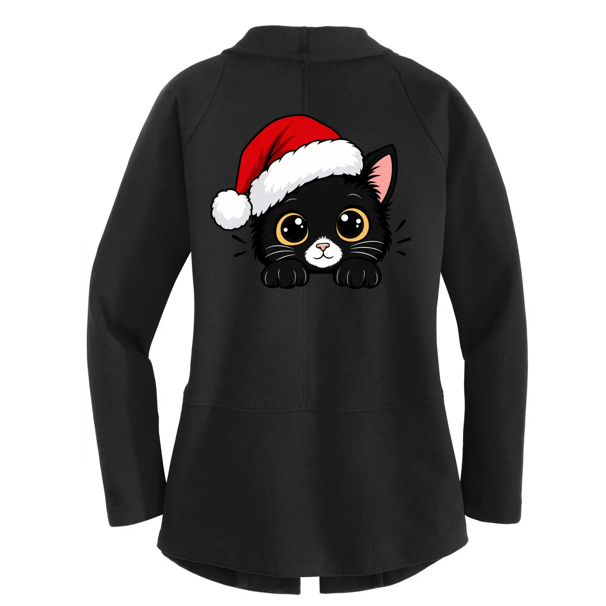 Christmas Black Cat Personalized Pet Gift - Cute Santa Hat Cat Custom Design Women's Cardigan - Back - Close-up