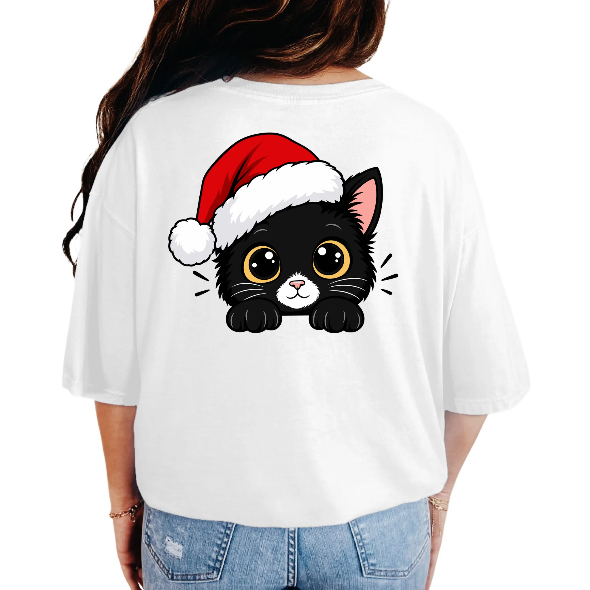 Christmas Black Cat Personalized Pet Gift - Cute Santa Hat Cat Custom Design Comfort Colors Unisex T-Shirt - Back