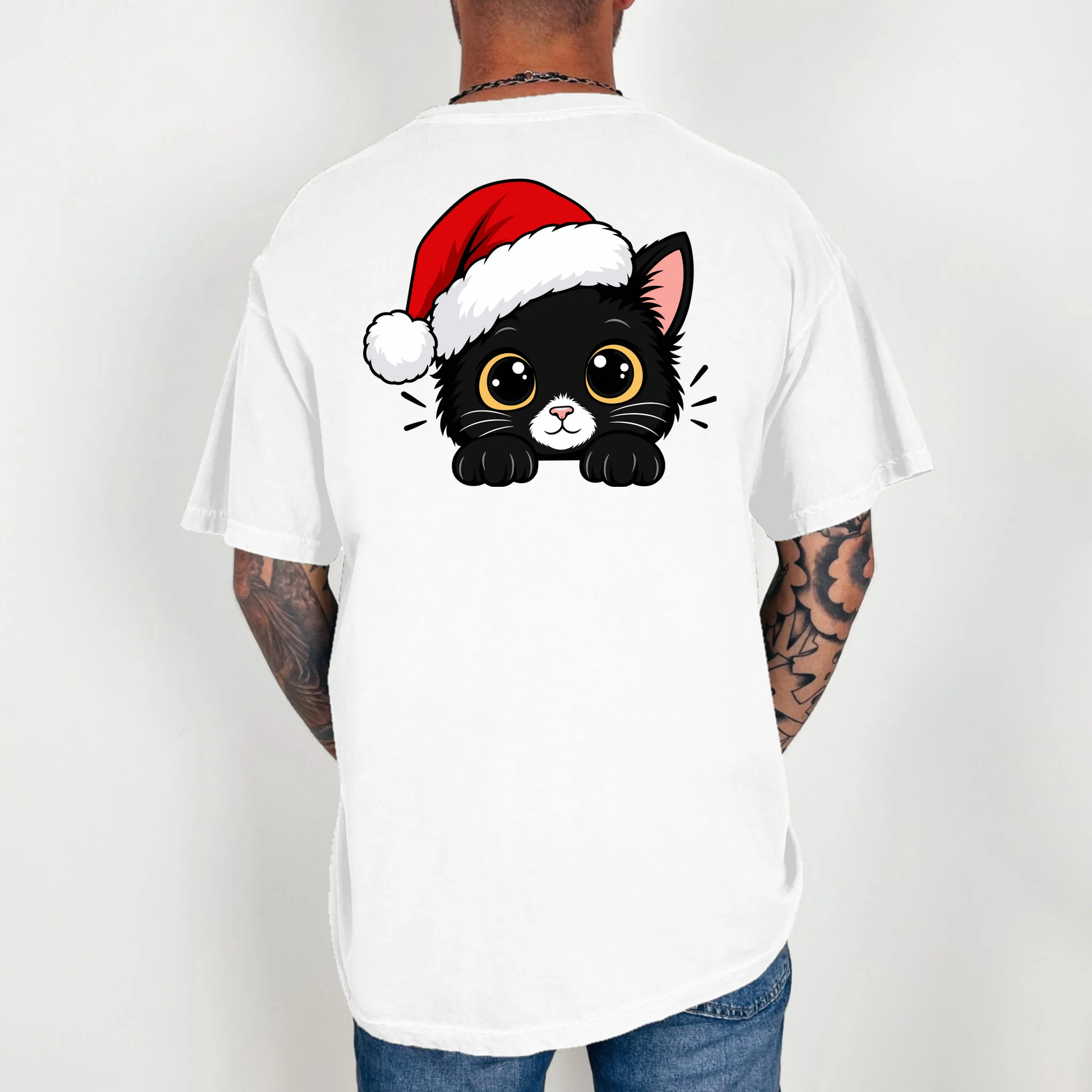 Christmas Black Cat Personalized Pet Gift - Cute Santa Hat Cat Custom Design Comfort Colors Unisex T-Shirt - Back 2
