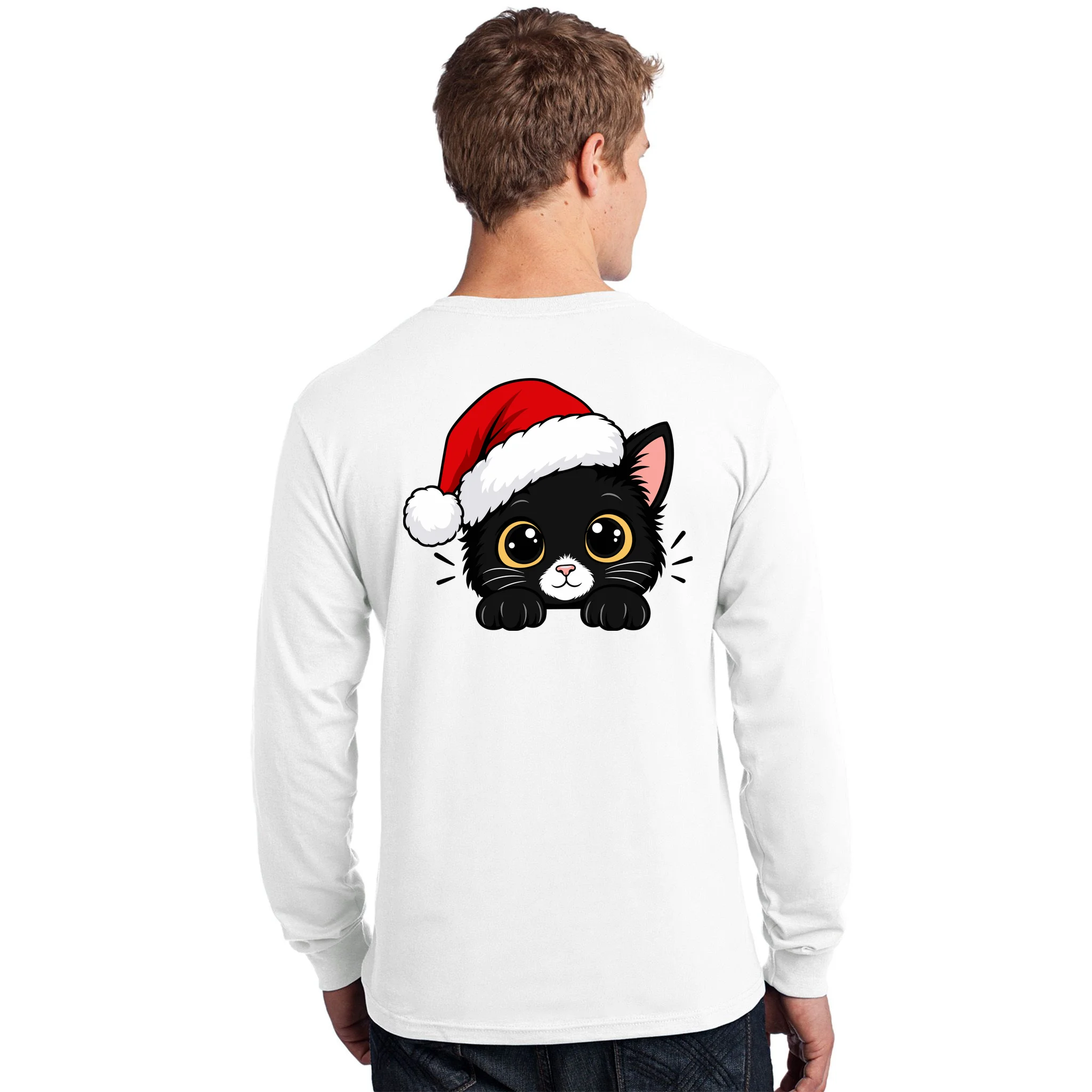 Christmas Black Cat Personalized Pet Gift - Cute Santa Hat Cat Custom Design Men's Long Sleeve Shirt - Back - Close-up