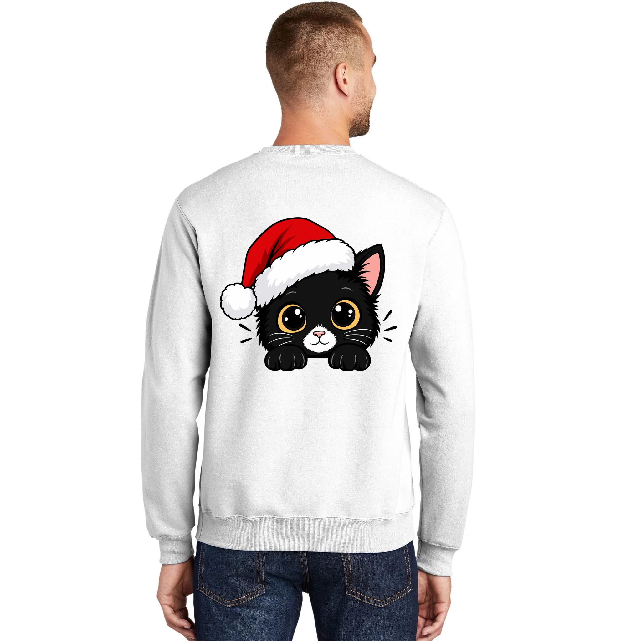 Christmas Black Cat Personalized Pet Gift - Cute Santa Hat Cat Custom Design Men's Sweatshirt - Back