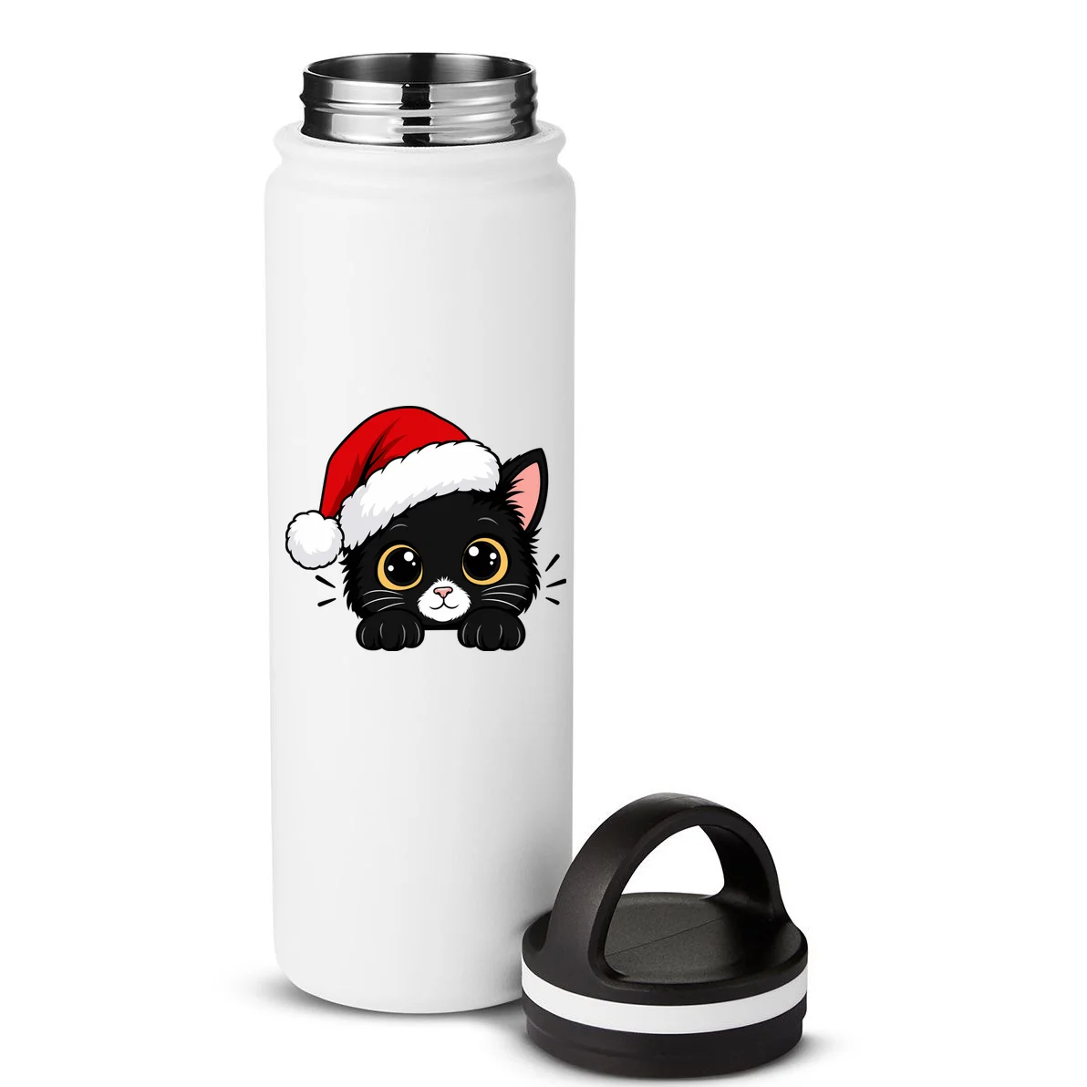 Christmas Black Cat Personalized Pet Gift - Cute Santa Hat Cat Custom Design 24oz Water Bottle - Back - Close-up