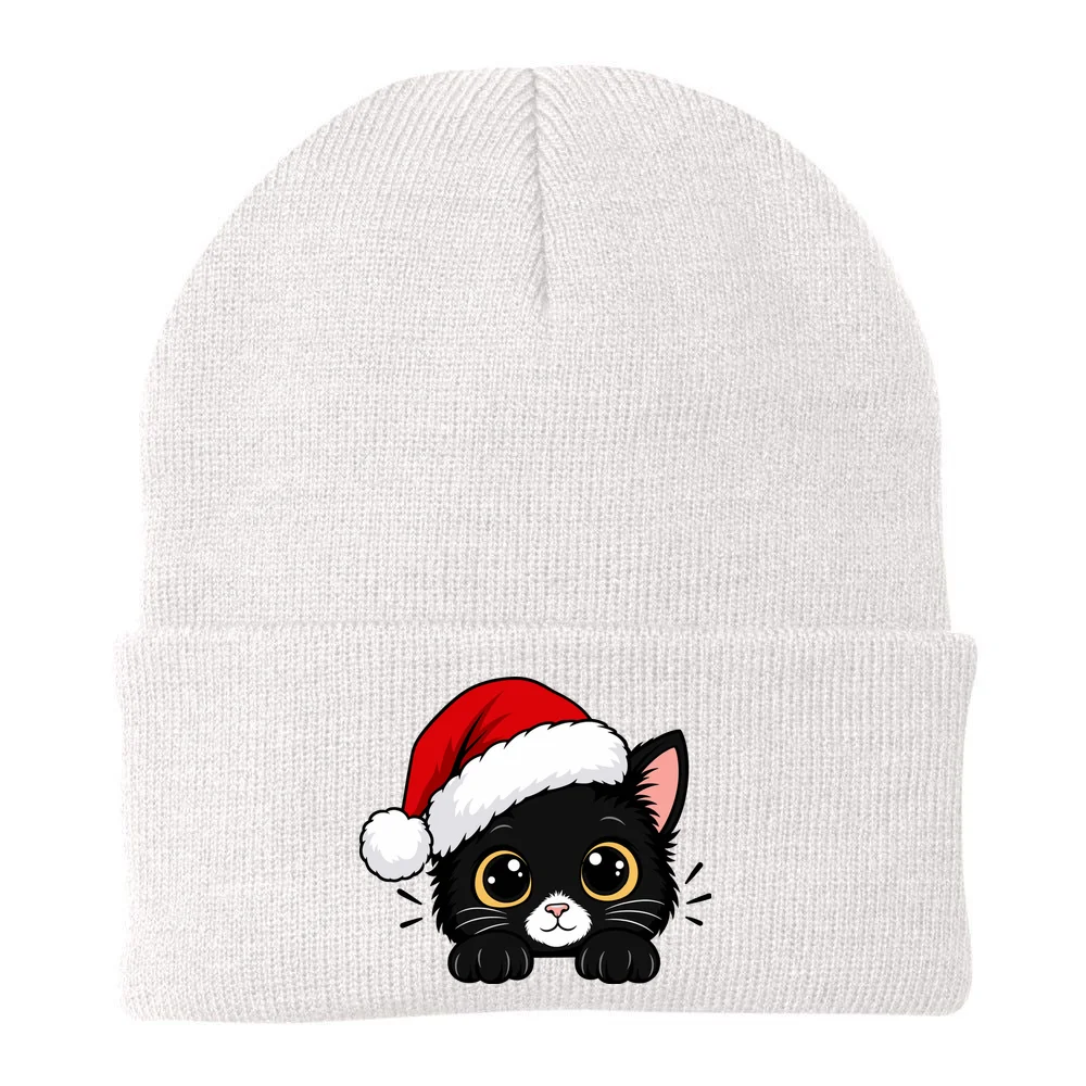Christmas Black Cat Personalized Pet Gift - Cute Santa Hat Cat Custom Design Beanie - Back - Close-up