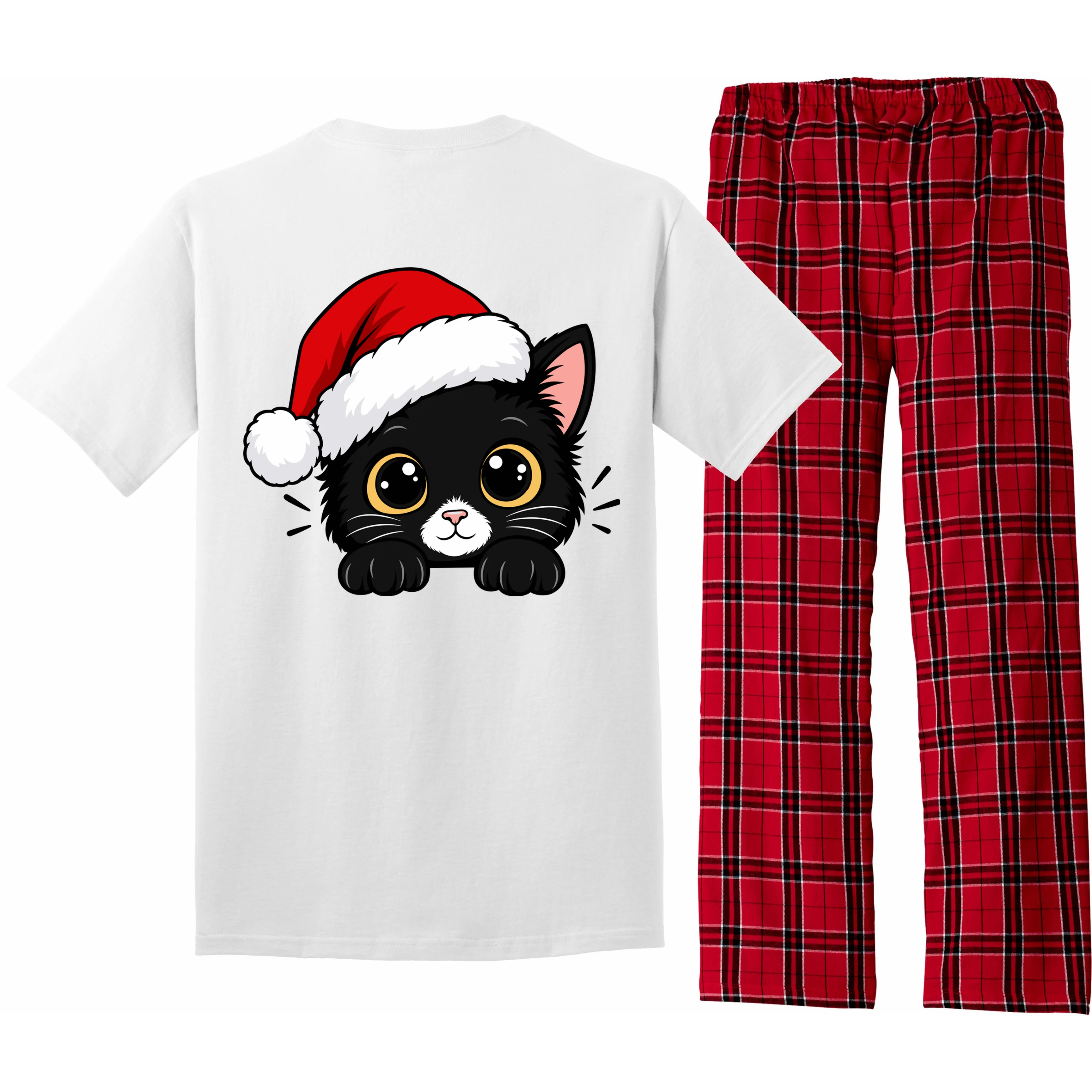 Christmas Black Cat Personalized Pet Gift - Cute Santa Hat Cat Custom Design Men's Pajamas - Back - Close-up