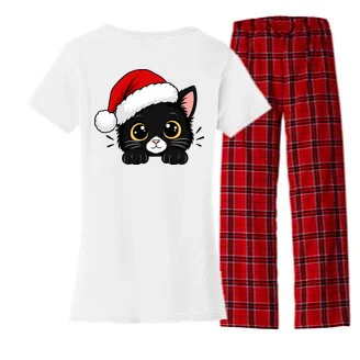 Christmas Black Cat Personalized Pet Gift - Cute Santa Hat Cat Custom Design Women's Flannel Pajama Set - Back - Close-up
