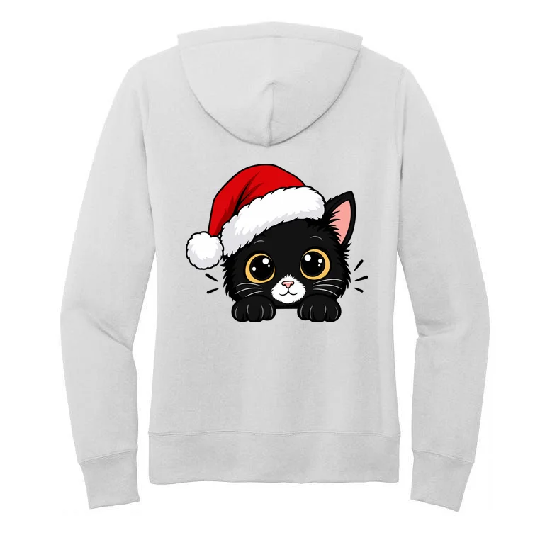 Christmas Black Cat Personalized Pet Gift - Cute Santa Hat Cat Custom Design Women's Pullover Hoodie - Back - Close-up