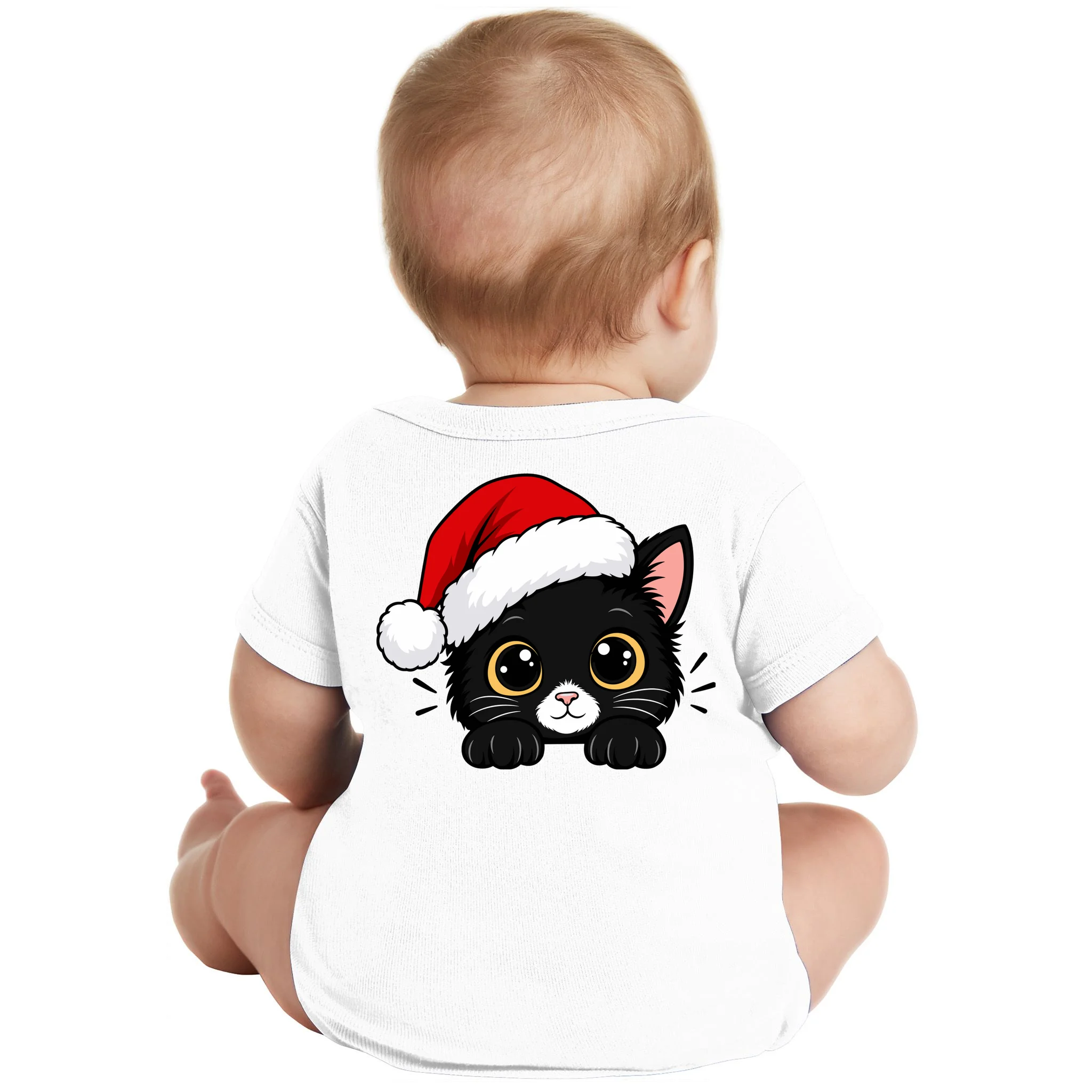 Christmas Black Cat Personalized Pet Gift - Cute Santa Hat Cat Custom Design Baby Bodysuit - Back - Close-up