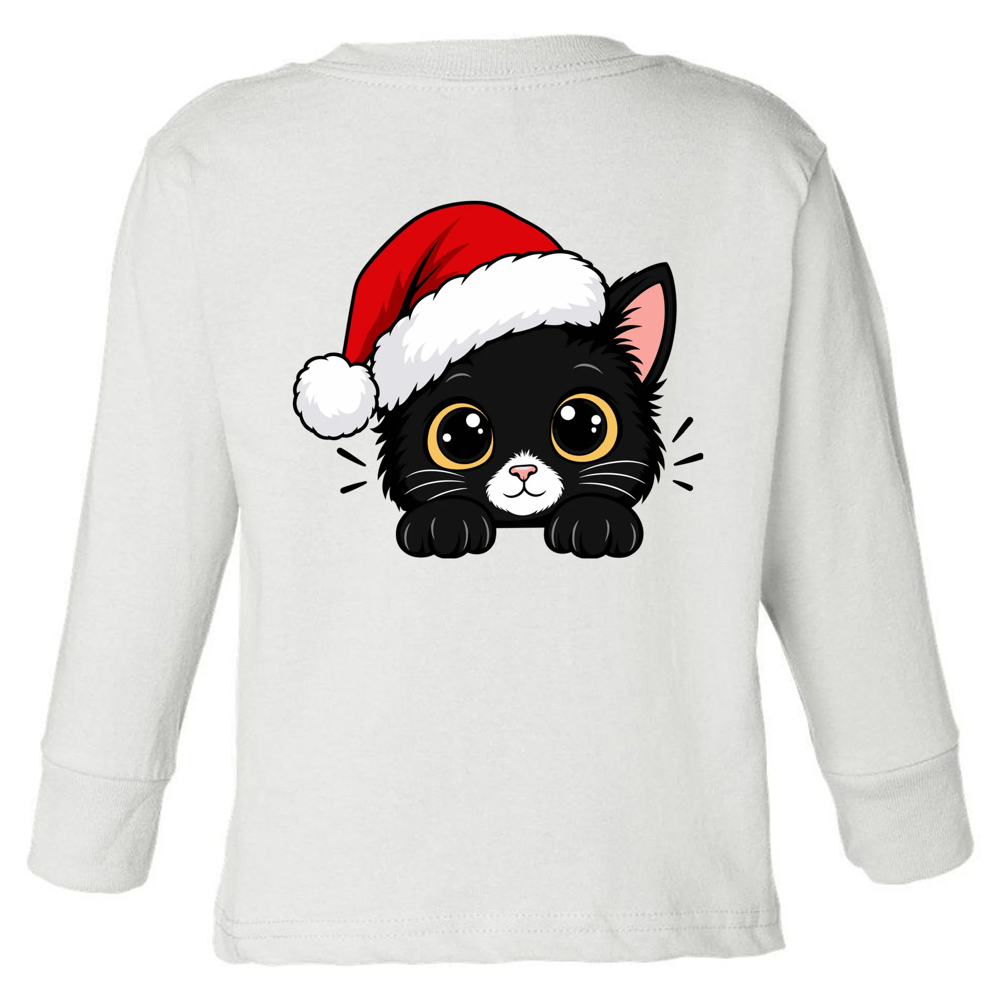 Christmas Black Cat Personalized Pet Gift - Cute Santa Hat Cat Custom Design Toddler Long Sleeve Shirt - Back - Close-up