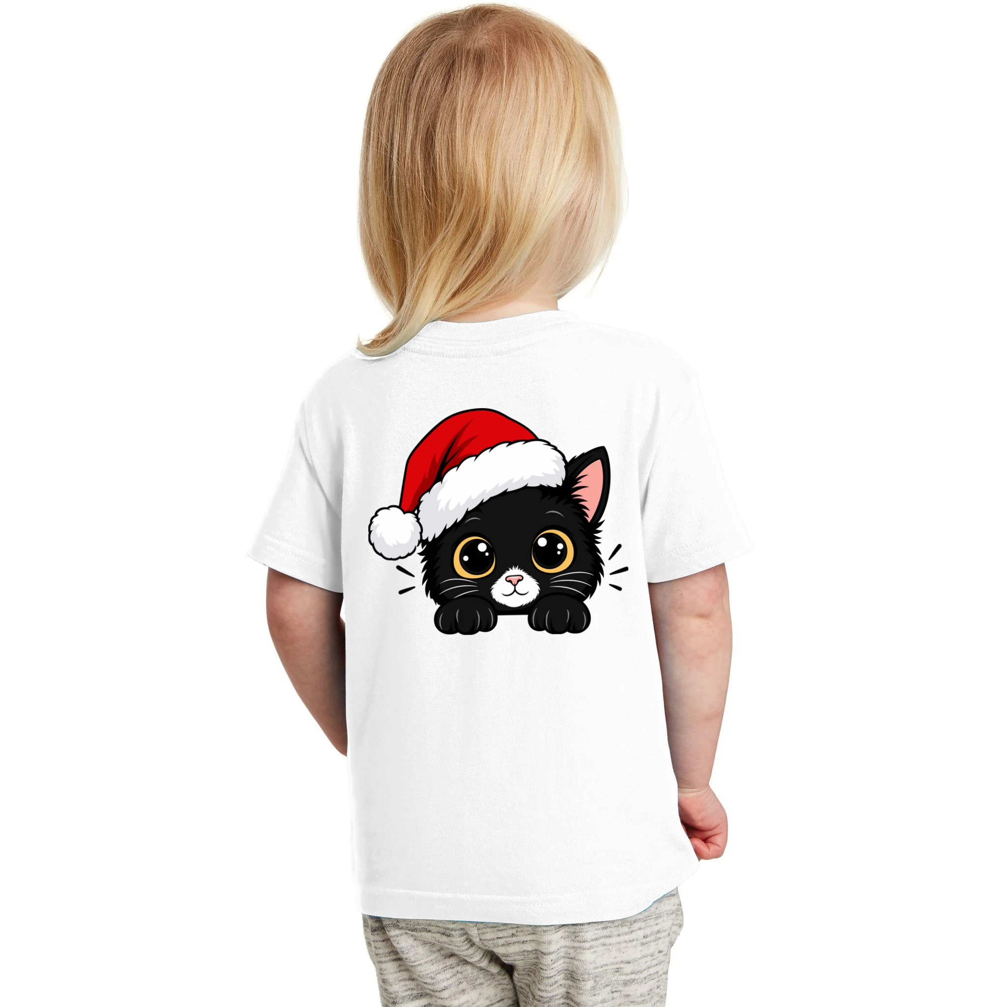 Christmas Black Cat Personalized Pet Gift - Cute Santa Hat Cat Custom Design Toddler T-Shirt - Back