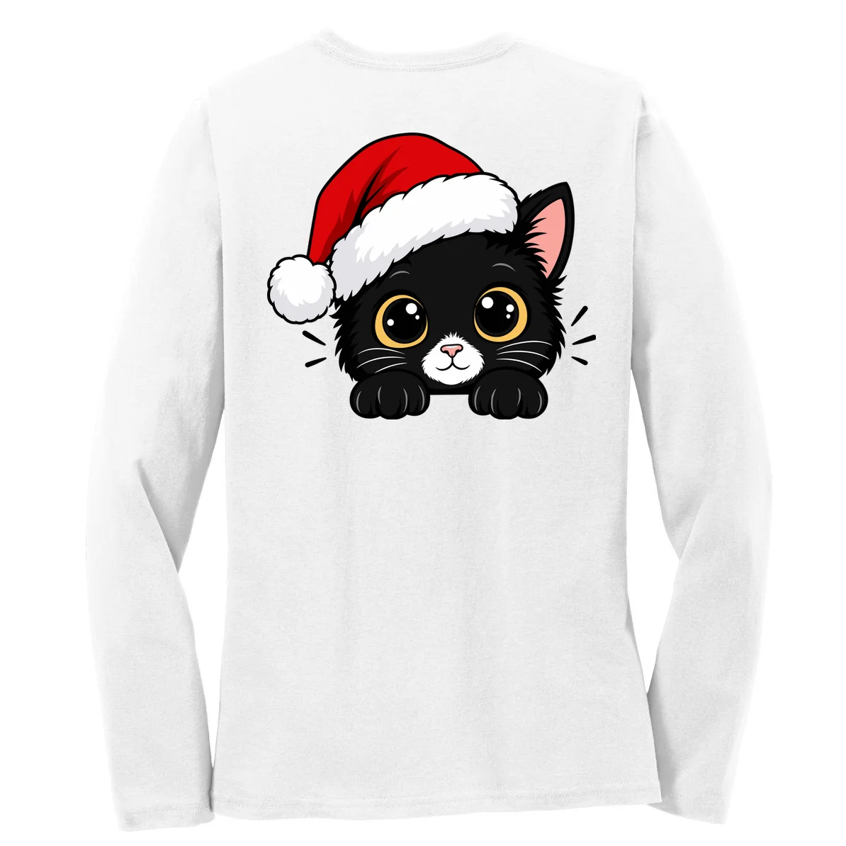 Christmas Black Cat Personalized Pet Gift - Cute Santa Hat Cat Custom Design Women's Long Sleeve Shirt - Back - Close-up
