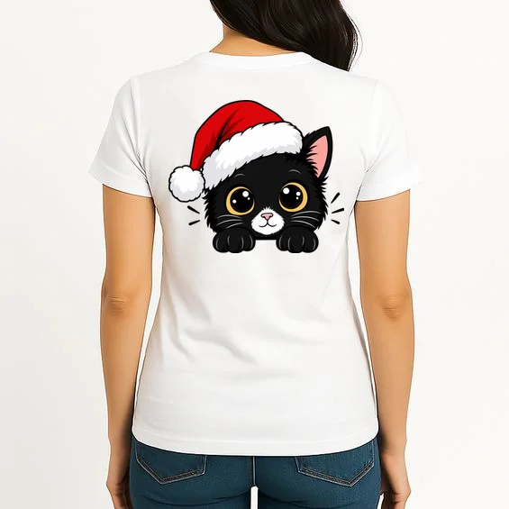 Christmas Black Cat Personalized Pet Gift - Cute Santa Hat Cat Custom Design Women's T-Shirt - Back