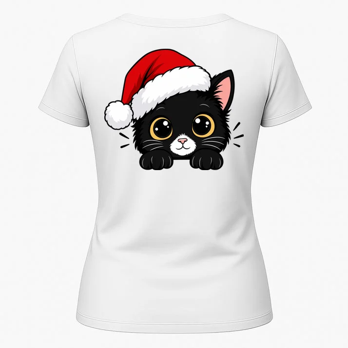 Christmas Black Cat Personalized Pet Gift - Cute Santa Hat Cat Custom Design Women's T-Shirt - Back 1