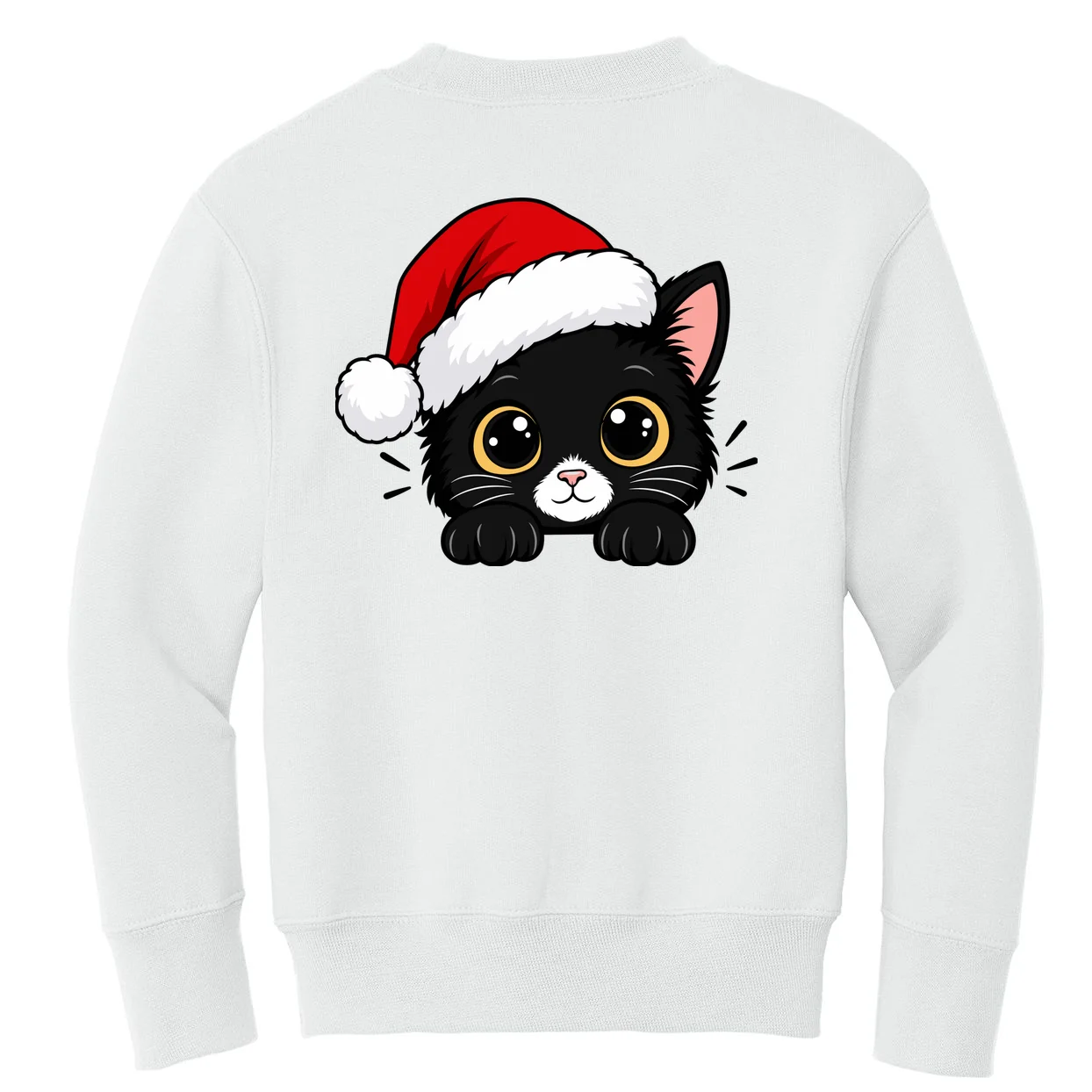 Christmas Black Cat Personalized Pet Gift - Cute Santa Hat Cat Custom Design Kids Sweatshirt - Back - Close-up