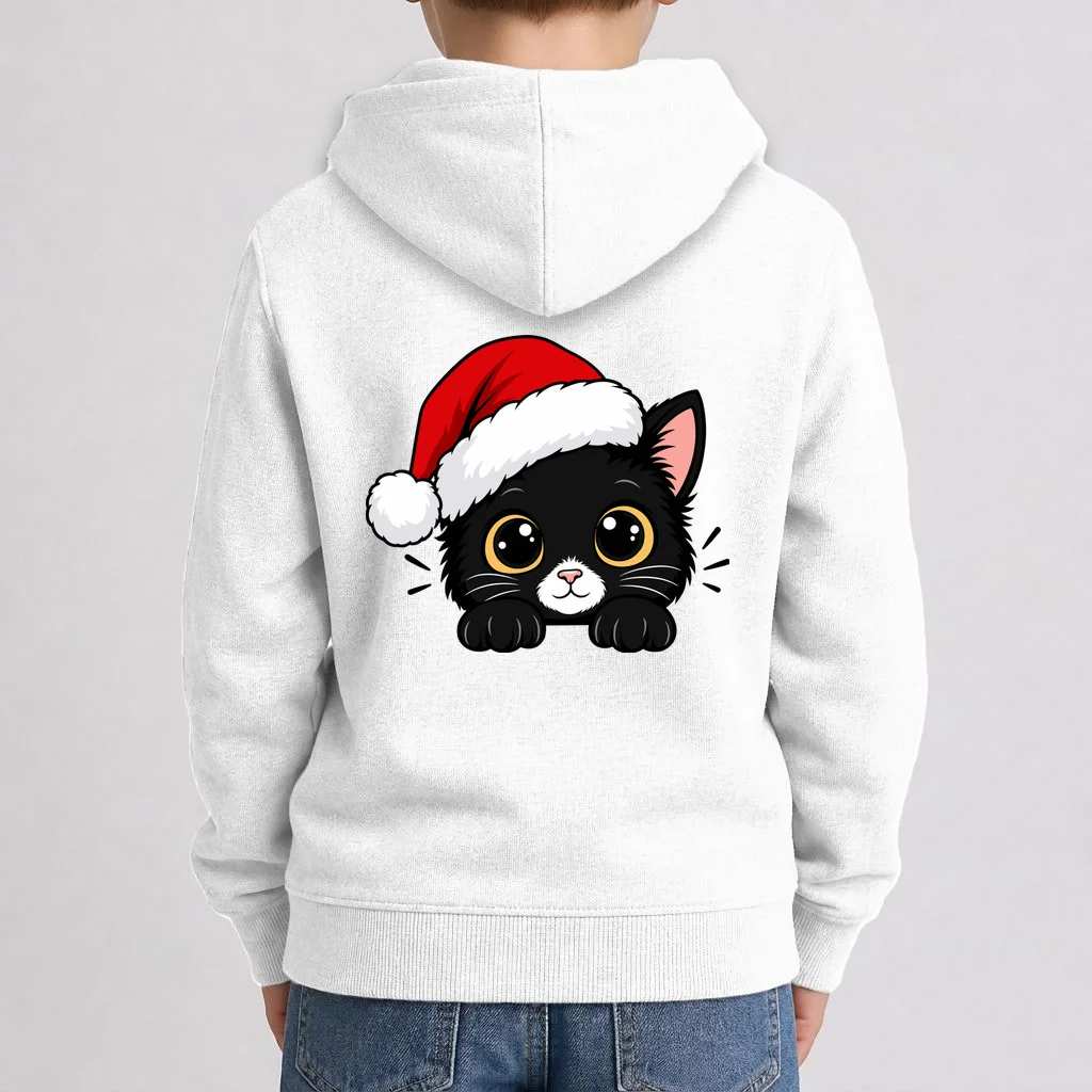Christmas Black Cat Personalized Pet Gift - Cute Santa Hat Cat Custom Design Kids Hoodie - Back 1