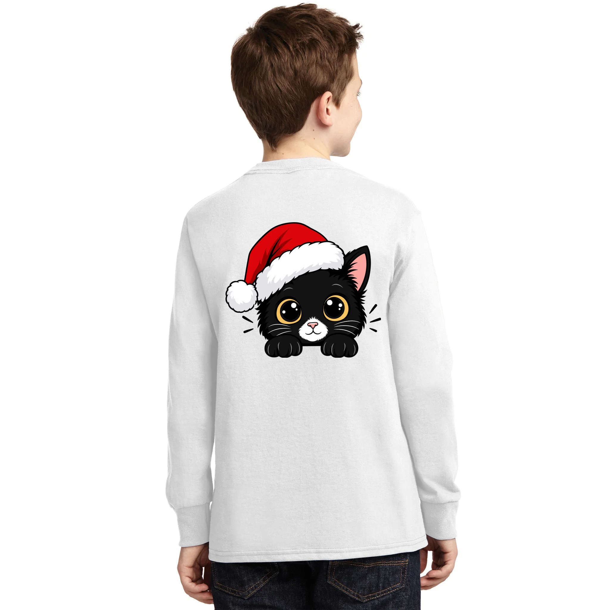 Christmas Black Cat Personalized Pet Gift - Cute Santa Hat Cat Custom Design Kids Long Sleeve Shirt - Back - Close-up