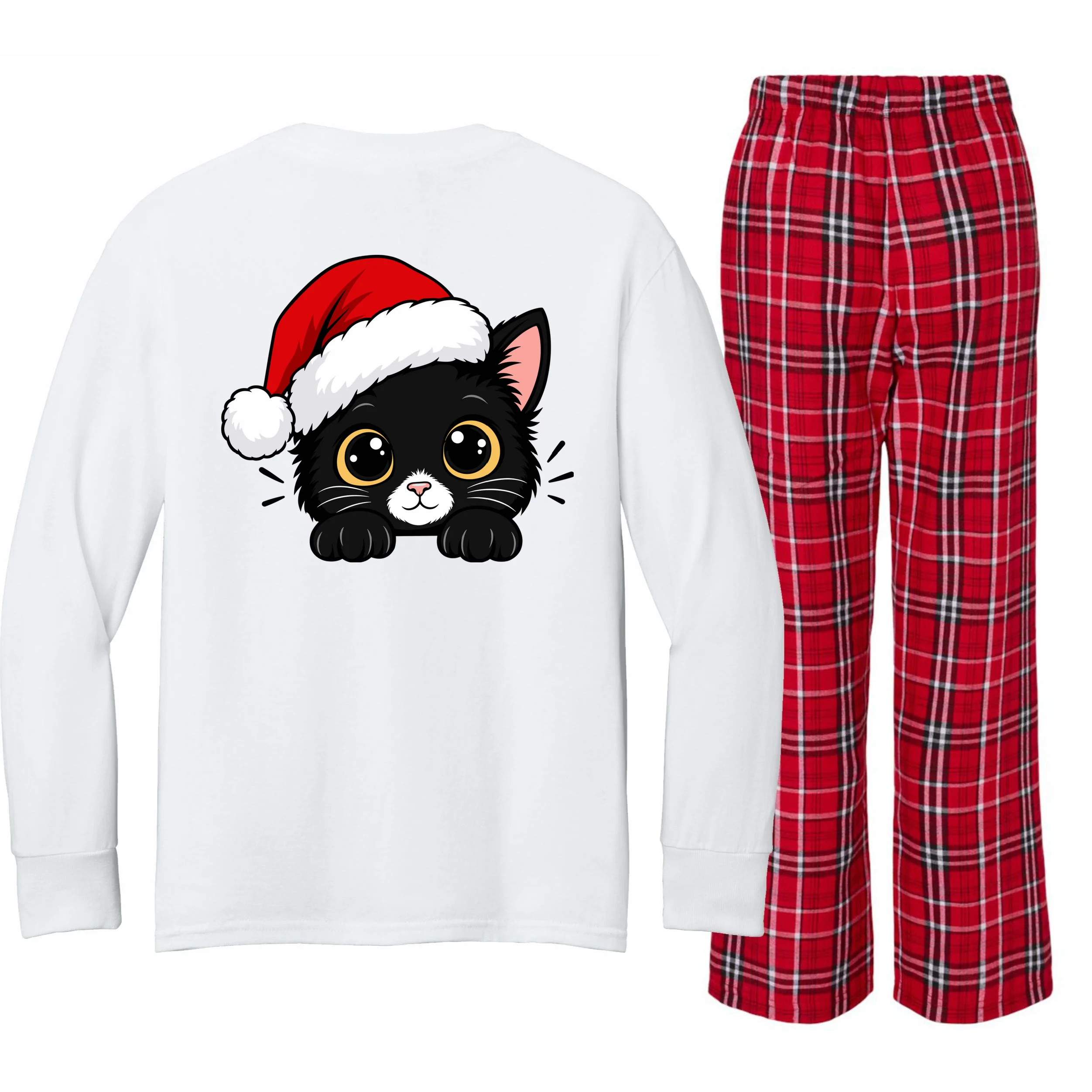 Christmas Black Cat Personalized Pet Gift - Cute Santa Hat Cat Custom Design Kids Long Sleeve Pajamas - Back - Close-up