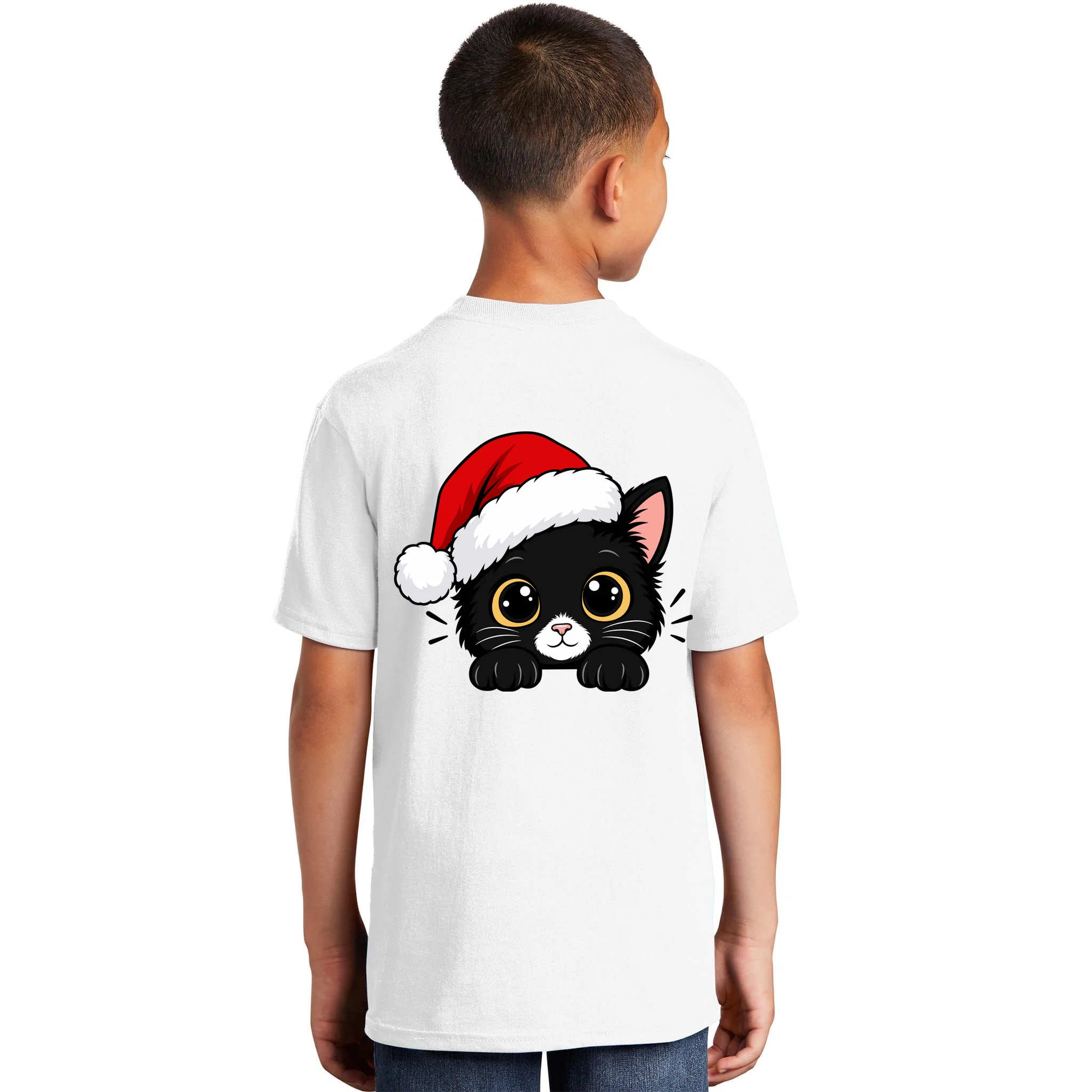 Christmas Black Cat Personalized Pet Gift - Cute Santa Hat Cat Custom Design Kids T-Shirt - Back