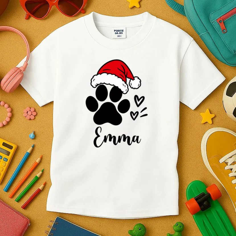 Christmas Black Cat Personalized Pet Gift - Cute Santa Hat Cat Custom Design Kids T-Shirt - Front 2