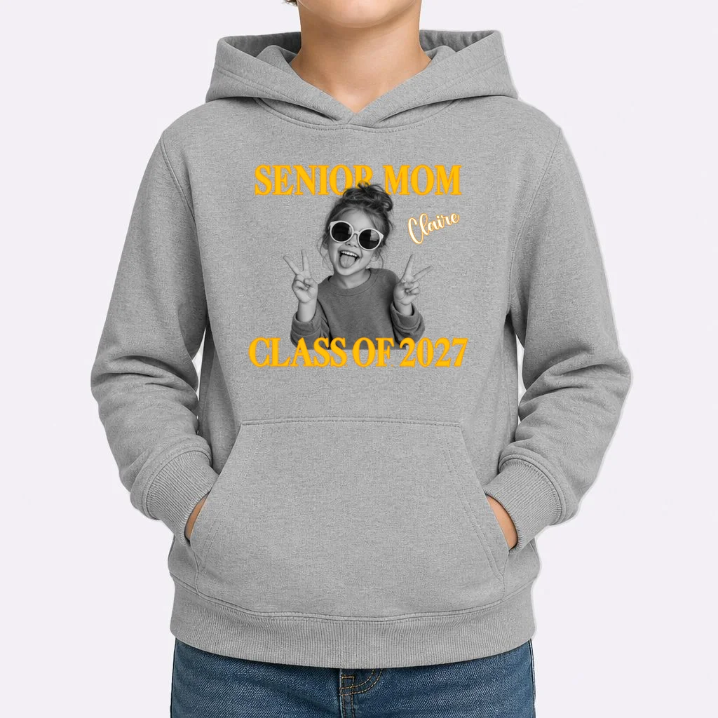 Senior Mom & Dad Personalized Photo Custom Gift - Class of 2027 Graduation Parent Design Kids Hoodie - Front 1