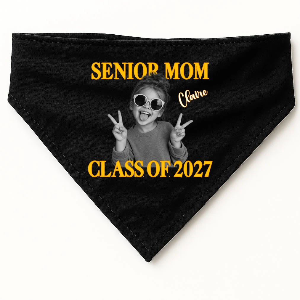 Senior Mom & Dad Personalized Photo Custom Gift - Class of 2027 Graduation Parent Design Dog Bandana Front