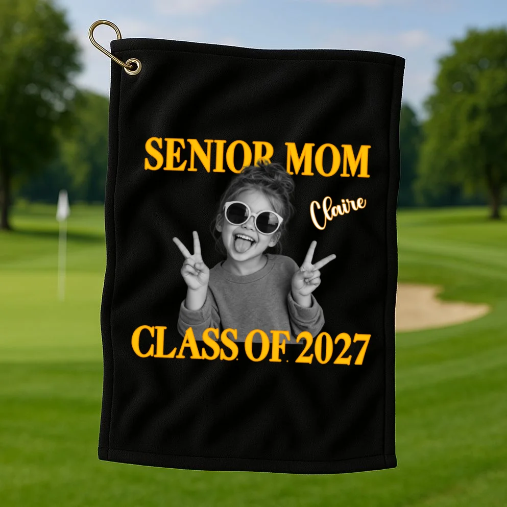 Senior Mom & Dad Personalized Photo Custom Gift - Class of 2027 Graduation Parent Design Golf Towel - Front 1