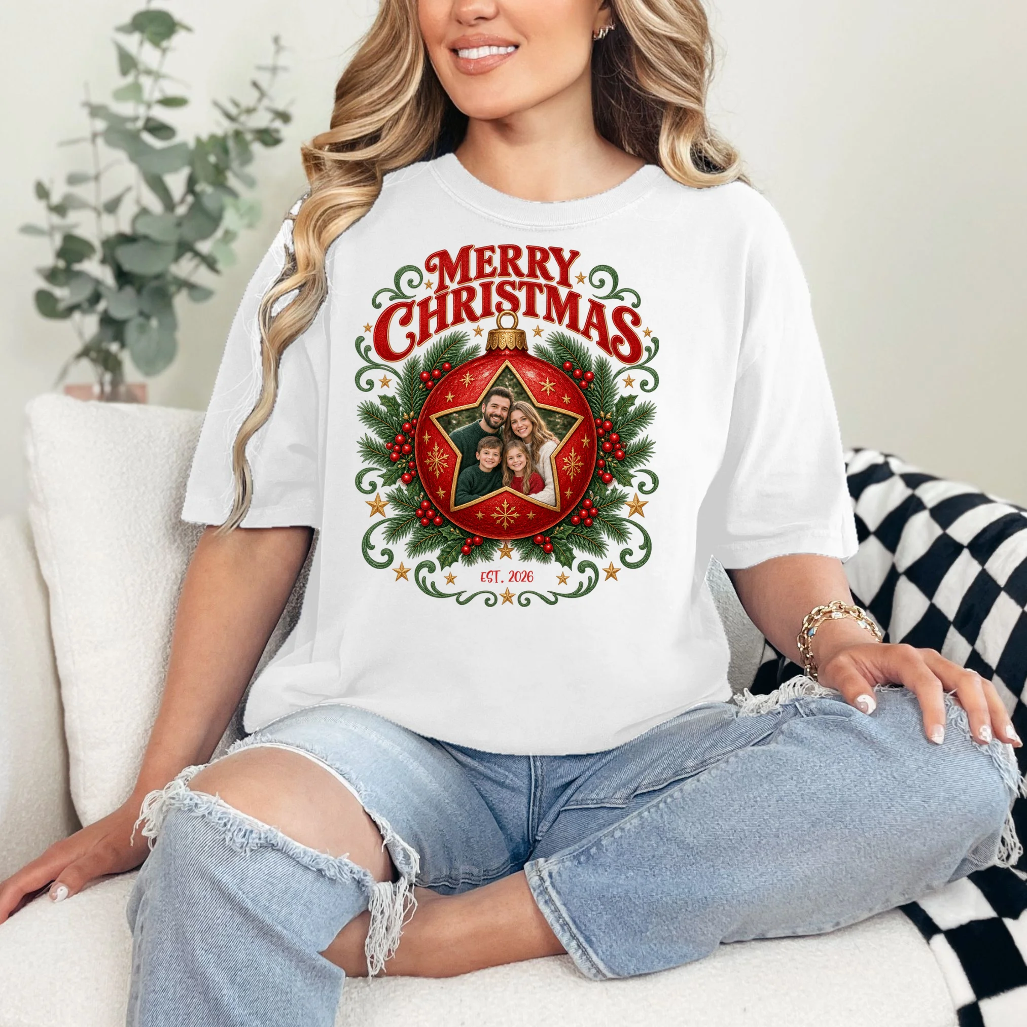 Custom Family Photo Christmas Shirt - Personalized Christmas Ornament Family T-Shirt Comfort Colors Unisex T-Shirt - Front 1
