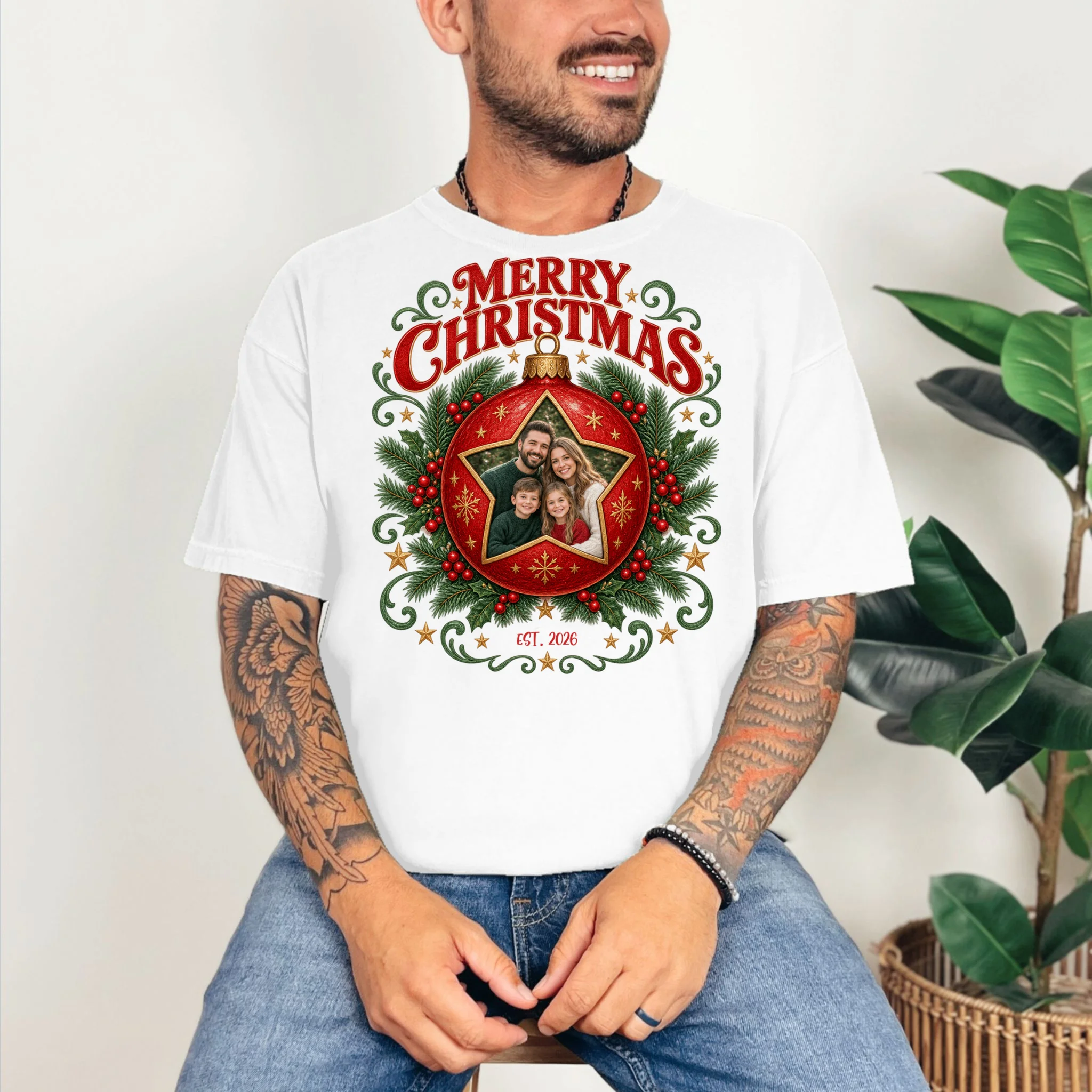 Custom Family Photo Christmas Shirt - Personalized Christmas Ornament Family T-Shirt Comfort Colors Unisex T-Shirt - Front 2