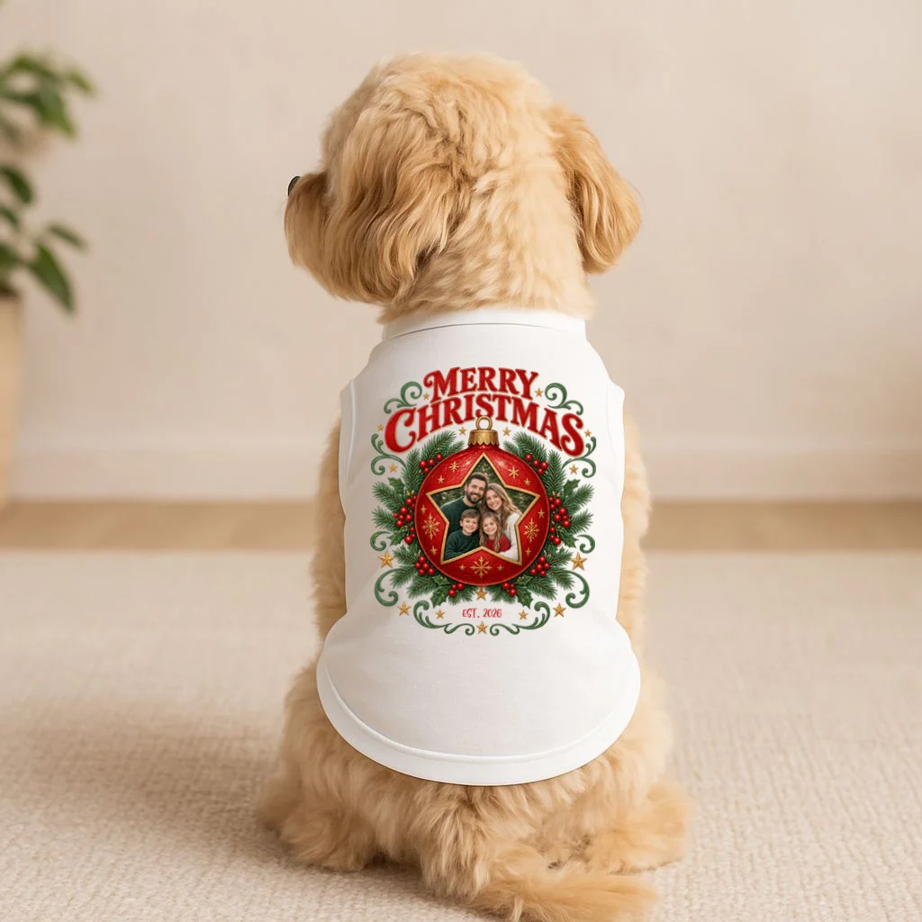 Custom Family Photo Christmas Shirt - Personalized Christmas Ornament Family T-Shirt Doggie Tank - Front 1