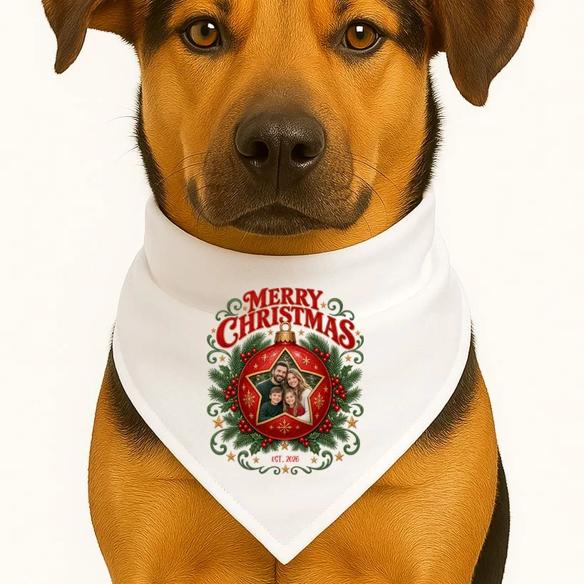 Custom Family Photo Christmas Shirt - Personalized Christmas Ornament Family T-Shirt Dog Bandana - Front 1