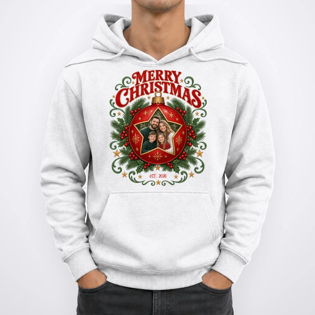 Custom Family Photo Christmas Shirt - Personalized Christmas Ornament Family T-Shirt Men's Hoodie - Front 1