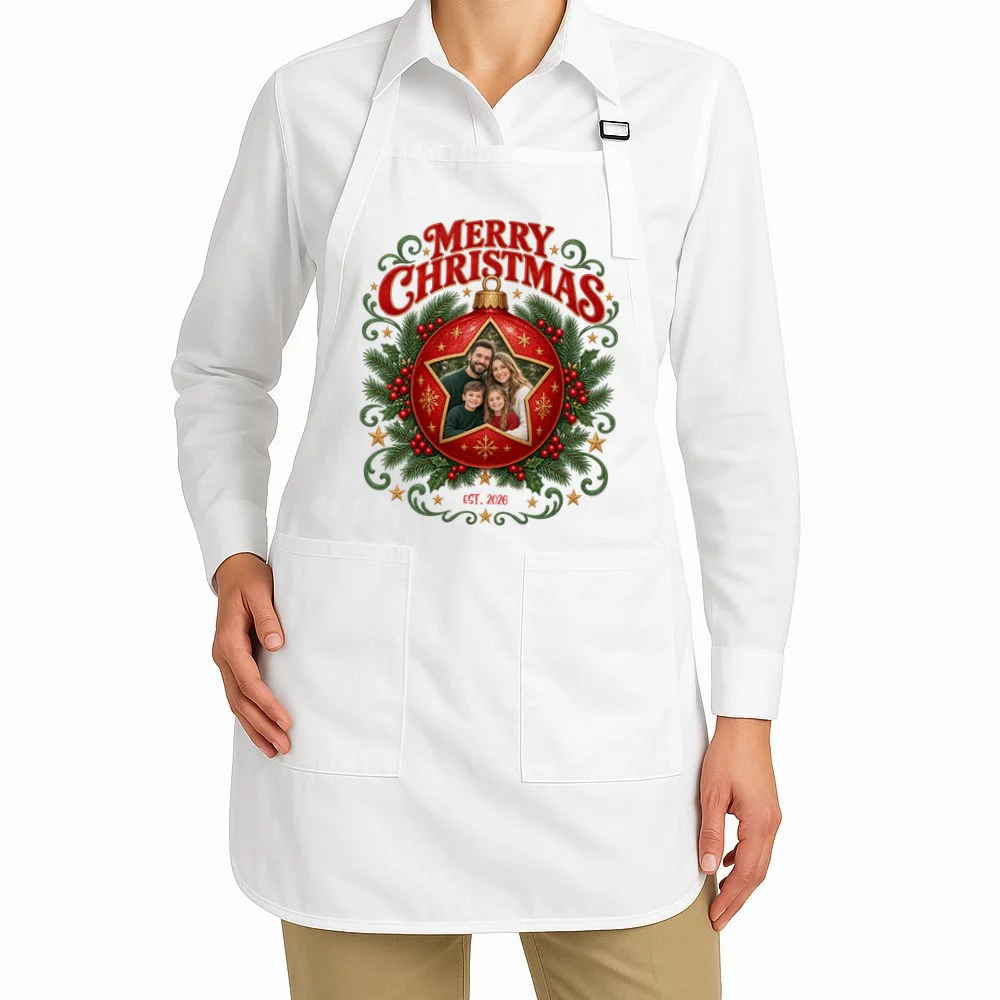 Custom Family Photo Christmas Shirt - Personalized Christmas Ornament Family T-Shirt Apron - Front 1