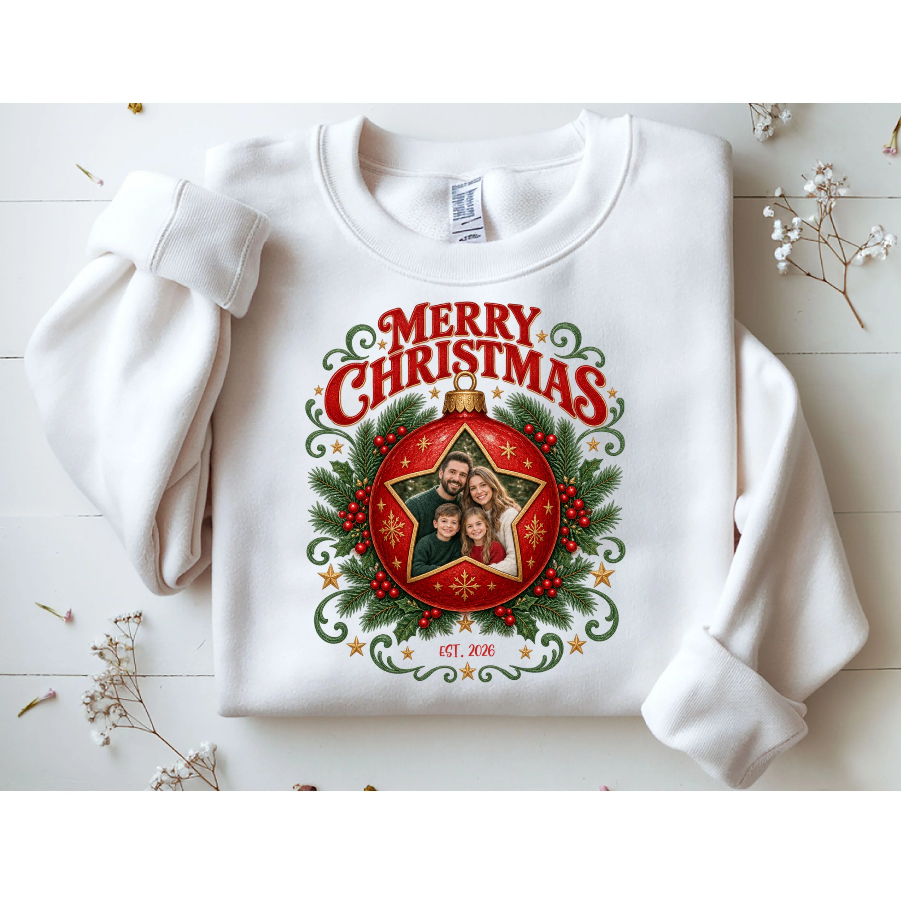 Custom Family Photo Christmas Shirt - Personalized Christmas Ornament Family T-Shirt Men's Sweatshirt - Front 1