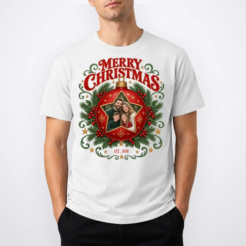 Custom Family Photo Christmas Shirt - Personalized Christmas Ornament Family T-Shirt Men's T-Shirt - Front 1