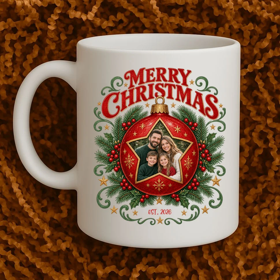 Custom Family Photo Christmas Shirt - Personalized Christmas Ornament Family T-Shirt Mug - Front 1
