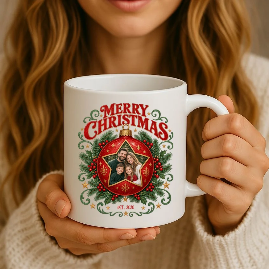 Custom Family Photo Christmas Shirt - Personalized Christmas Ornament Family T-Shirt Mug - Front 2