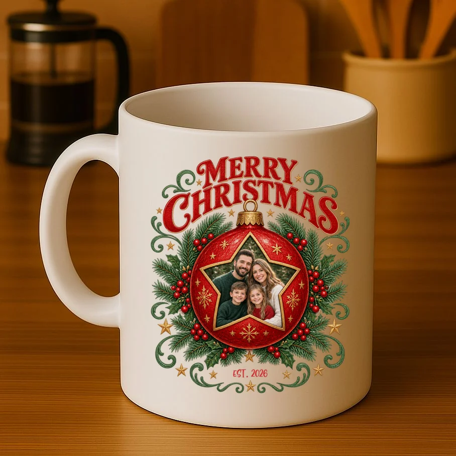 Custom Family Photo Christmas Shirt - Personalized Christmas Ornament Family T-Shirt Mug - Front 3