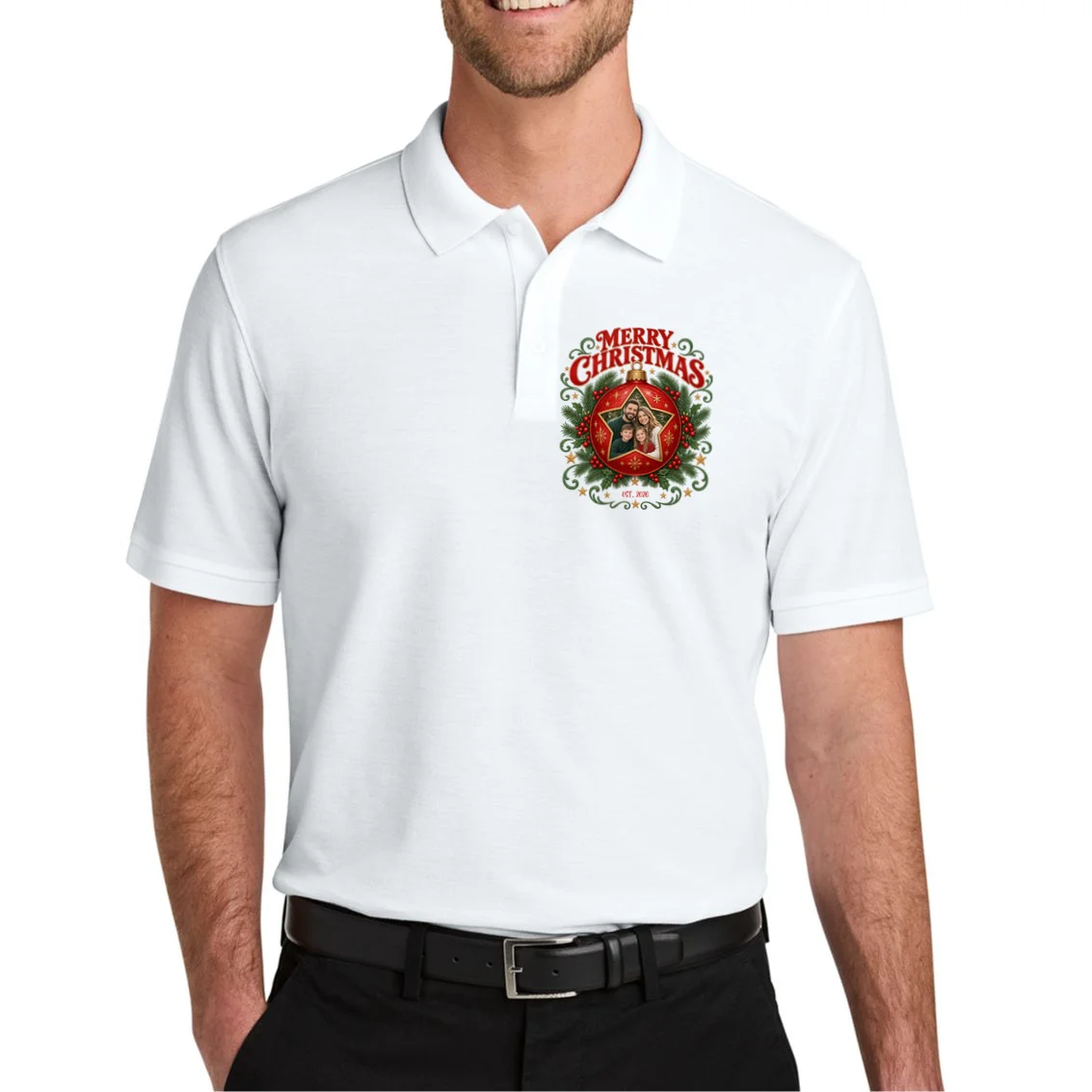 Custom Family Photo Christmas Shirt - Personalized Christmas Ornament Family T-Shirt Men's Polo - Front 1
