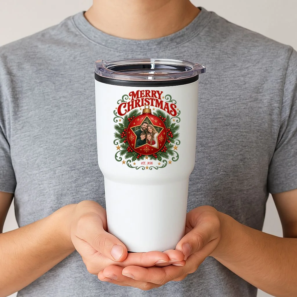 Custom Family Photo Christmas Shirt - Personalized Christmas Ornament Family T-Shirt 20oz Tumbler - Front 1
