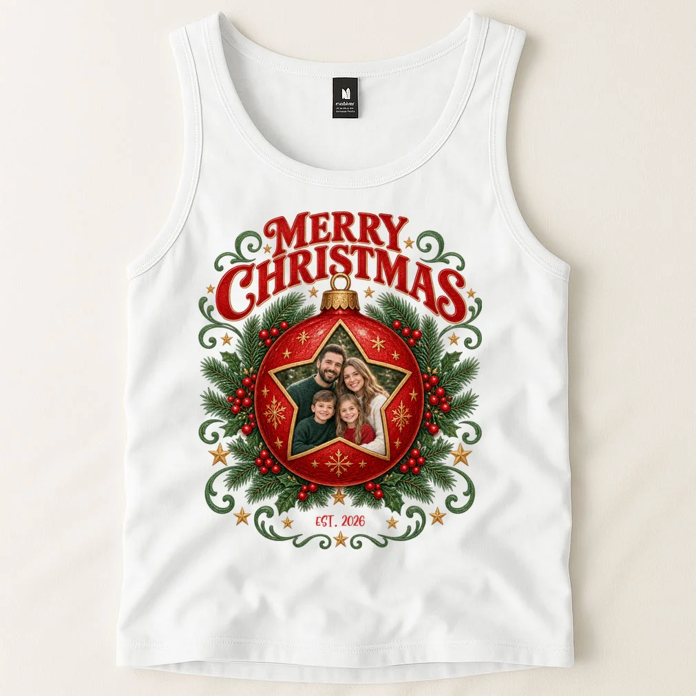 Custom Family Photo Christmas Shirt - Personalized Christmas Ornament Family T-Shirt Men's Tank Top - Front 1