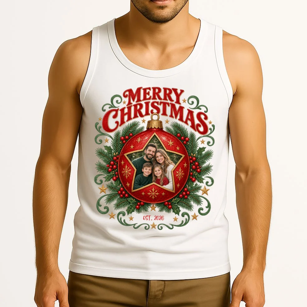 Custom Family Photo Christmas Shirt - Personalized Christmas Ornament Family T-Shirt Men's Tank Top - Front 2