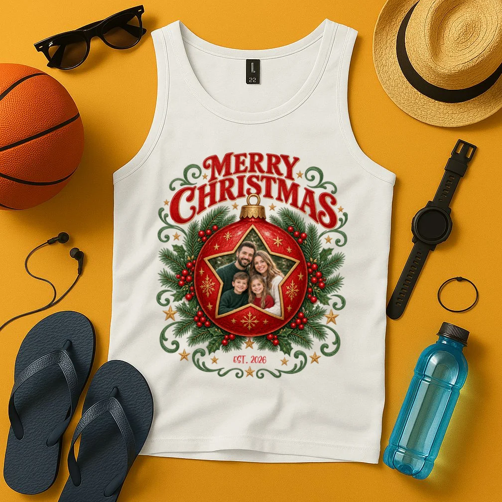 Custom Family Photo Christmas Shirt - Personalized Christmas Ornament Family T-Shirt Men's Tank Top - Front 3