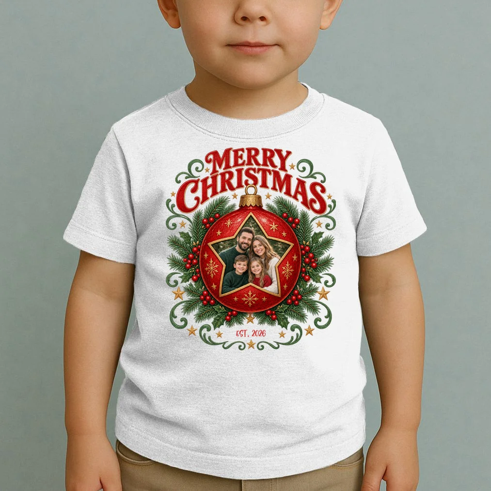 Custom Family Photo Christmas Shirt - Personalized Christmas Ornament Family T-Shirt Toddler T-Shirt - Front 1