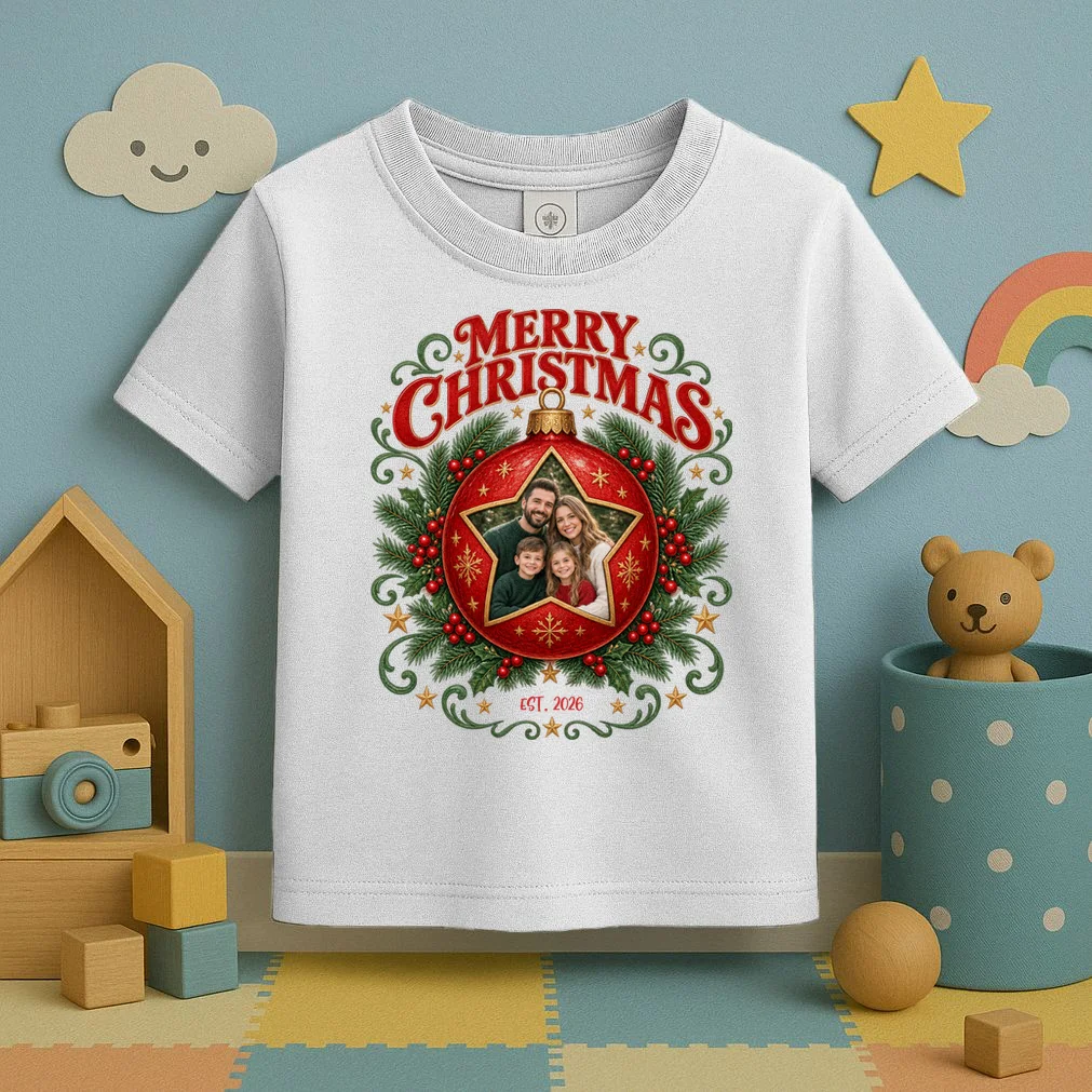 Custom Family Photo Christmas Shirt - Personalized Christmas Ornament Family T-Shirt Toddler T-Shirt - Front 2