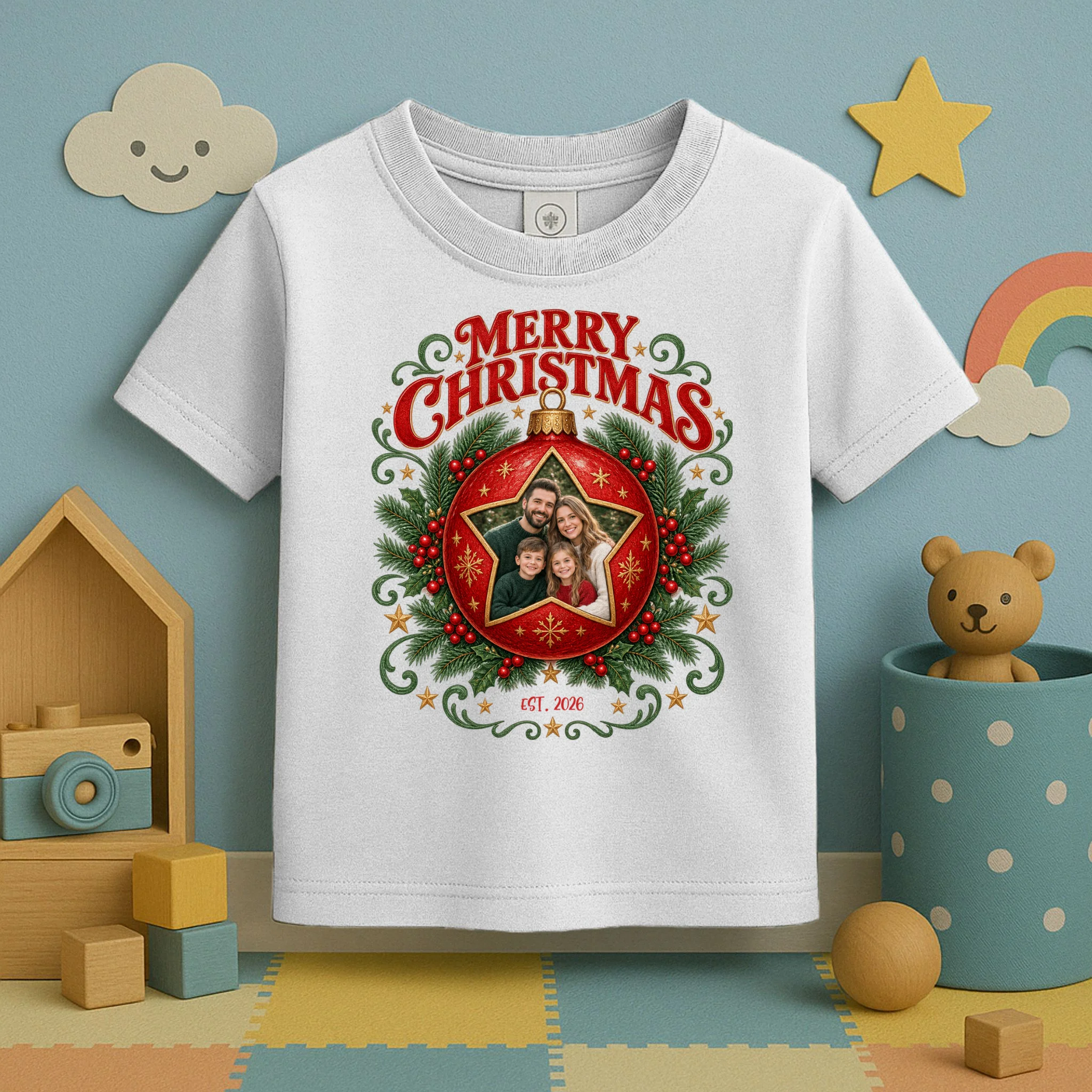 Custom Family Photo Christmas Shirt - Personalized Christmas Ornament Family T-Shirt Toddler T-Shirt - Front 2