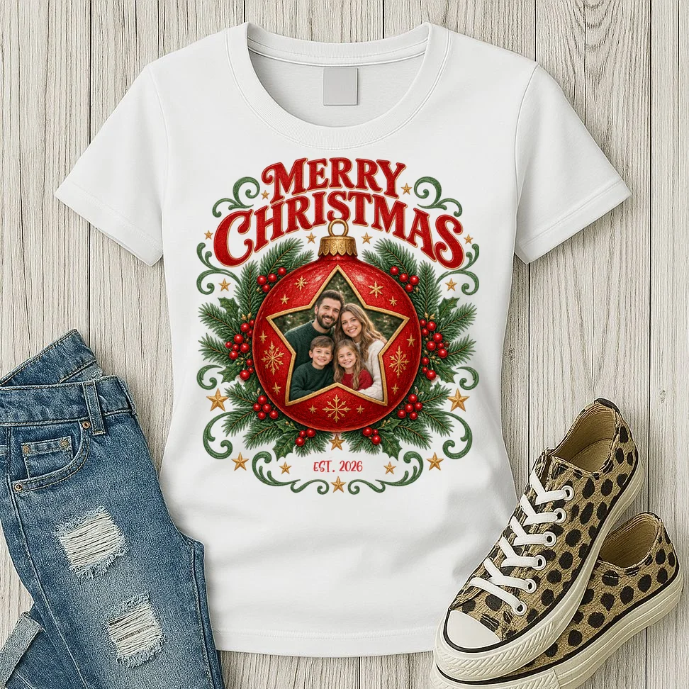 Custom Family Photo Christmas Shirt - Personalized Christmas Ornament Family T-Shirt Women's T-Shirt - Front 2