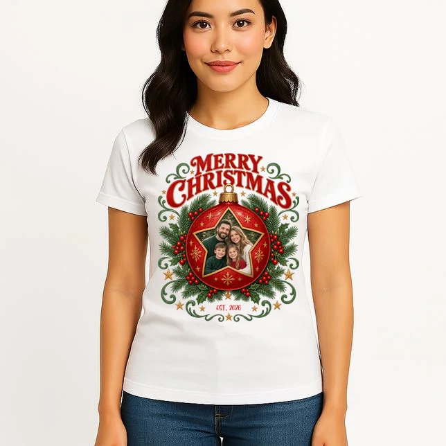 Custom Family Photo Christmas Shirt - Personalized Christmas Ornament Family T-Shirt Women's T-Shirt - Front 3