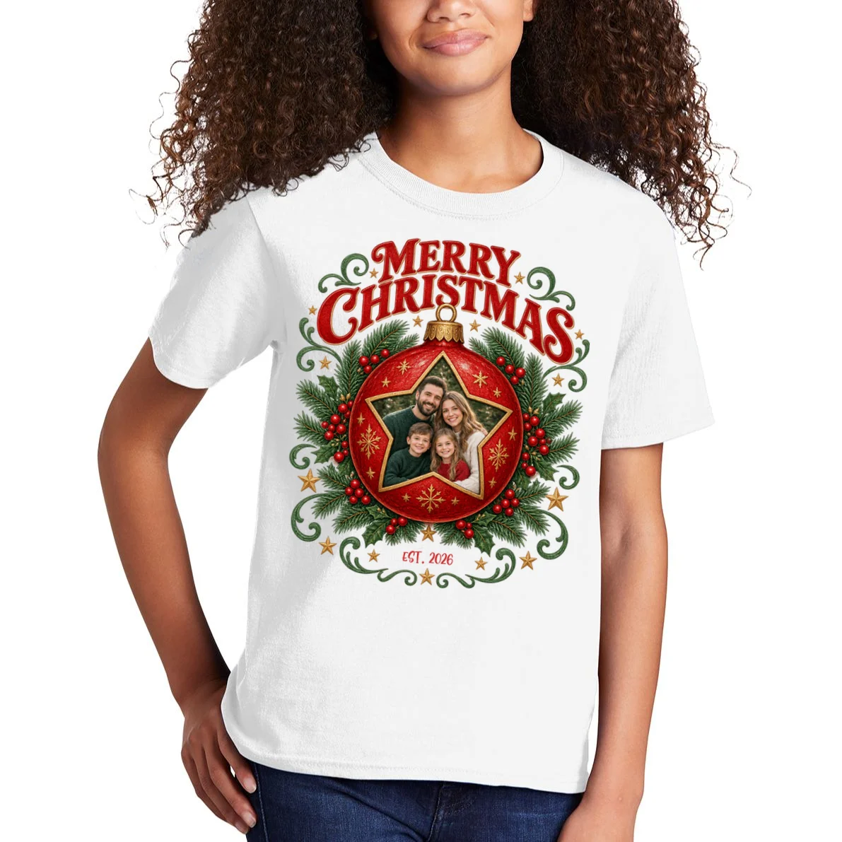 Custom Family Photo Christmas Shirt - Personalized Christmas Ornament Family T-Shirt Kids T-Shirt - Front 1