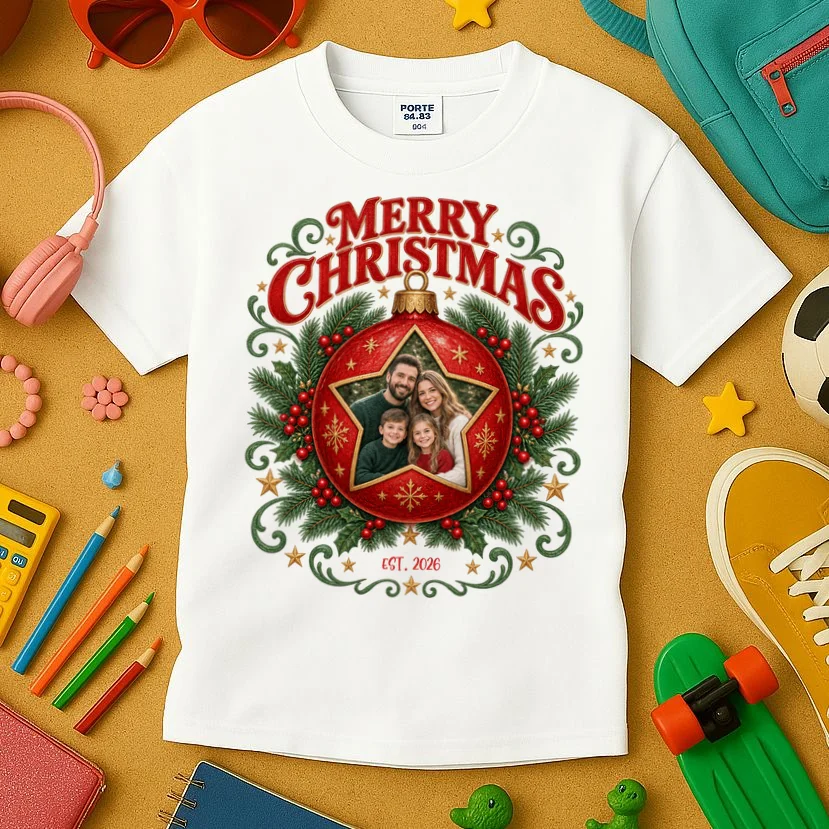 Custom Family Photo Christmas Shirt - Personalized Christmas Ornament Family T-Shirt Kids T-Shirt - Front 2
